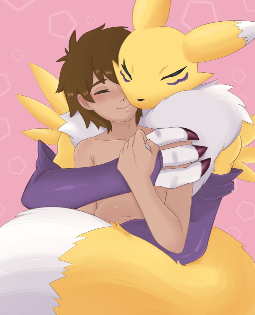 bandai_namco canid canine cuddling digimon digimon_(species) duo female fox furry hi_res hug human male male/female mammal renamon tail tail_coil takato_matsuki valtren