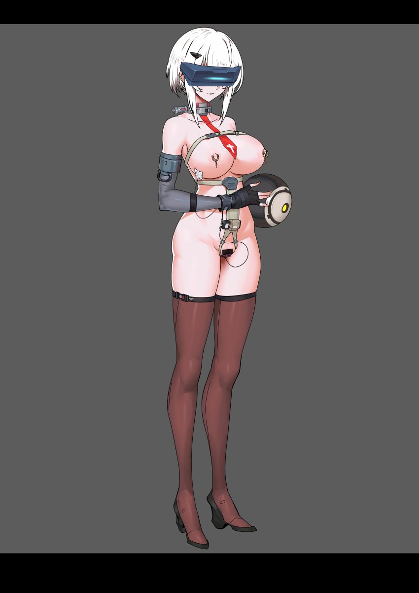 collar female female_only metal_collar necktie_between_breasts nipple_piercing object_insertion piercing revealing_clothes secretary stockings tagme targer tech_control visor