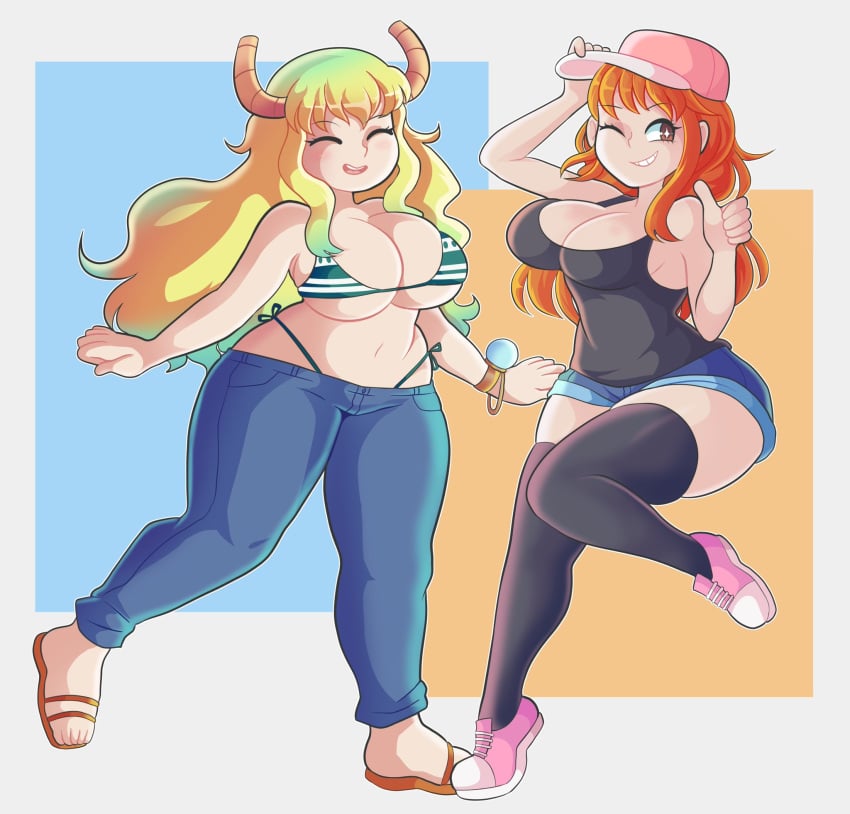 2girls big_breasts bikini_bottom bikini_top black_socks blonde_hair booty_shorts brown_eyes female female_only hat horns kobayashi-san_chi_no_maidragon large_breasts long_hair lucoa_(maidragon) miss_kobayashi's_dragon_maid multicolored_hair nami nami_(one_piece) one_piece onigiri_punch orange_hair outfit_swap post-timeskip quetzalcoatl_(dragon_maid) red_hair shoes shorts smile sneakers socks socks_and_shoes tank_top thick_thighs thigh_socks thighhighs thumbs_up wink