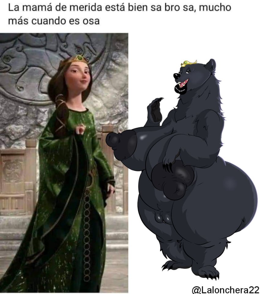 anthro areola ass bear big_areola big_breasts big_butt black_body black_fur brave breasts crown dark_areola disney female fur genitals headgear hi_res huge_areola huge_breasts huge_butt huge_hips huge_thighs hyper hyper_butt lalonchera22 lips mammal meme pixar plump_labia pussy queen_elinor semi-anthro slightly_chubby solo text thick_lips thick_thighs translation_check translation_request wide_hips