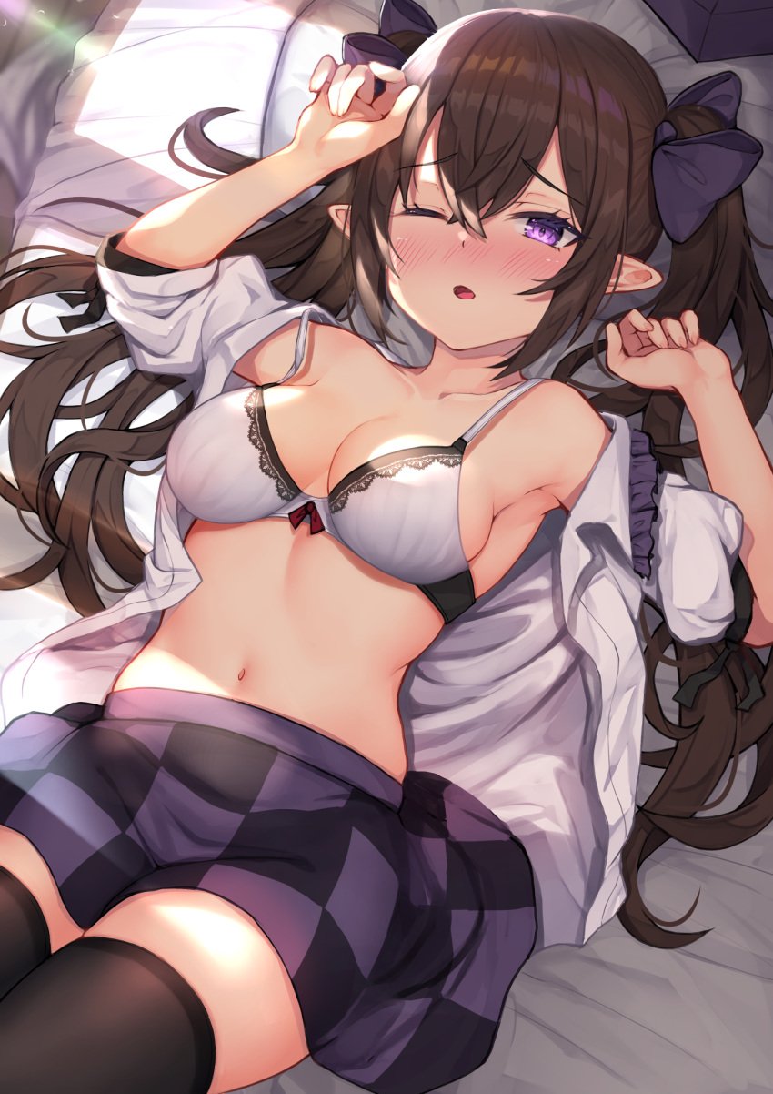 bare_shoulders black_thighhighs blush bow bra breasts brown_hair checkered_clothes checkered_skirt commentary_request female hair_between_eyes hairbow hatate_himekaidou highres himekaidou_hatate long_hair looking_at_viewer medium_breasts miniskirt nose_blush off_shoulder one_eye_closed open_clothes open_shirt parted_lips pointy_ears purple_bow purple_eyes purple_skirt shirt skirt solo thighhighs thighs touhou twintails underwear white_bra white_shirt wowoguni zettai_ryouiki