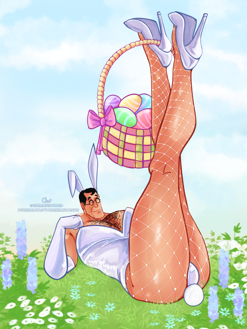 bunny_ears bunny_tail bunnysuit dilf easter easter_egg fishnets gremlinshoard hairy_chest high_heels holidays male_only medic medic_(team_fortress_2) outdoors pinup playboy_bunny solo team_fortress_2 tf2 thick_ass thick_thighs