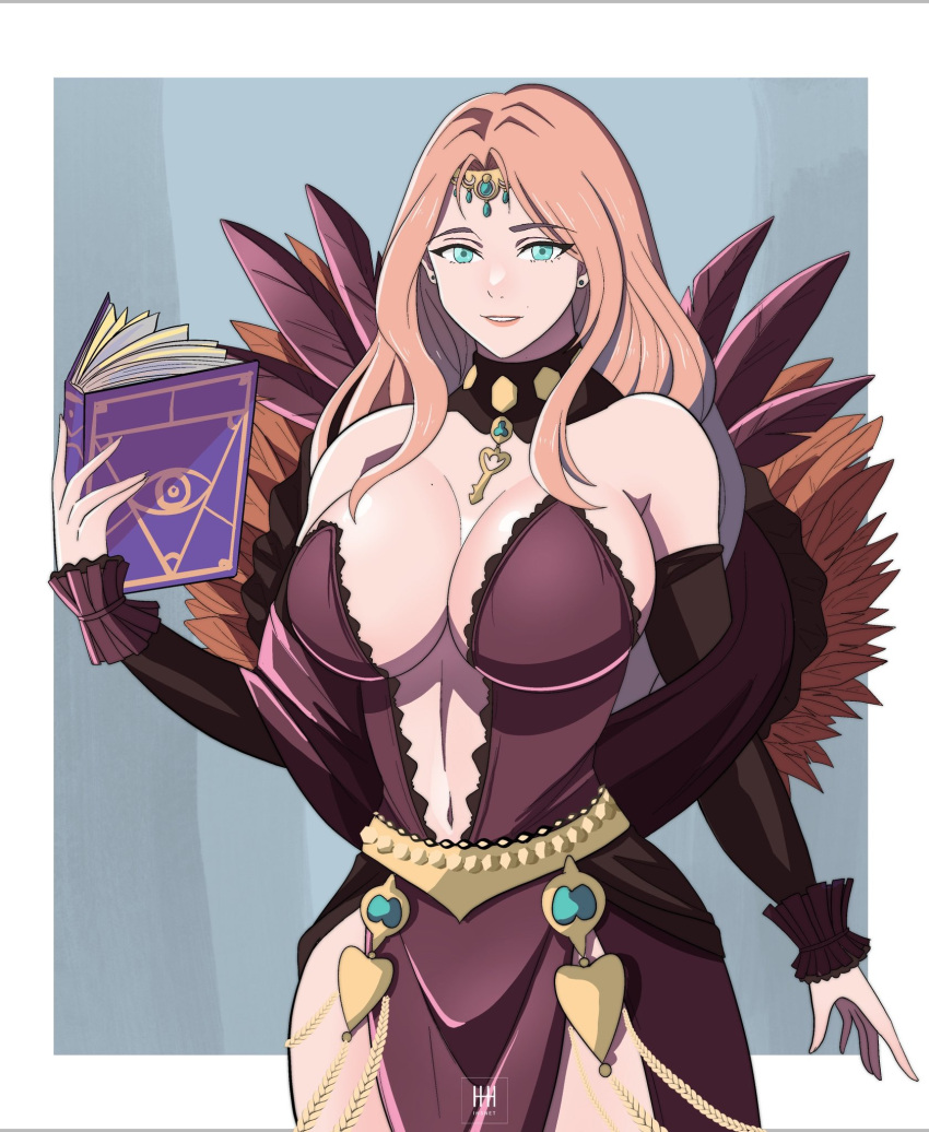 1girls aqua_eyes bare_shoulders beauty_mark book breasts center_opening cleavage cornelia_arnim dress female female_only fire_emblem fire_emblem:_three_houses green_eyes grin ihsnet key large_breasts long_hair looking_at_viewer mole mole_on_breast nintendo orange_hair pelvic_curtain shoulders smile solo wide_hips