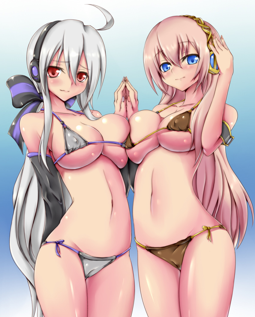 2girls ahoge asymmetrical_docking bikini blue_eyes blush breast_press breasts cameltoe covered_nipples fanloid female hair_ribbon headphones headset highres large_breasts long_hair looking_at_viewer lowleg lowleg_bikini megurine_luka mitsuru_(madeinore) multiple_girls nail_polish navel pink_hair red_eyes shiny shiny_skin silver_hair swimsuit vocaloid yowane_haku