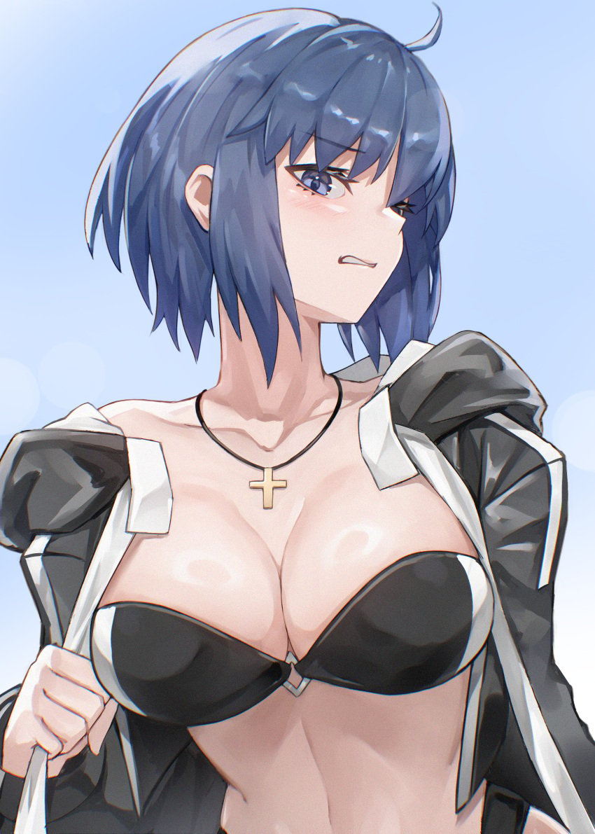 absurdres annoyed bikini black_bikini blue_eyes blue_hair breasts c.i.e.l_(fate) c.i.e.l_(first_ascension)_(fate) ciel_(tsukihime) cleavage cross cross_necklace disgust female highres jacket jewelry large_breasts necklace open_clothes open_jacket short_hair swimsuit tsukihime umeo_(pixiv51103813)