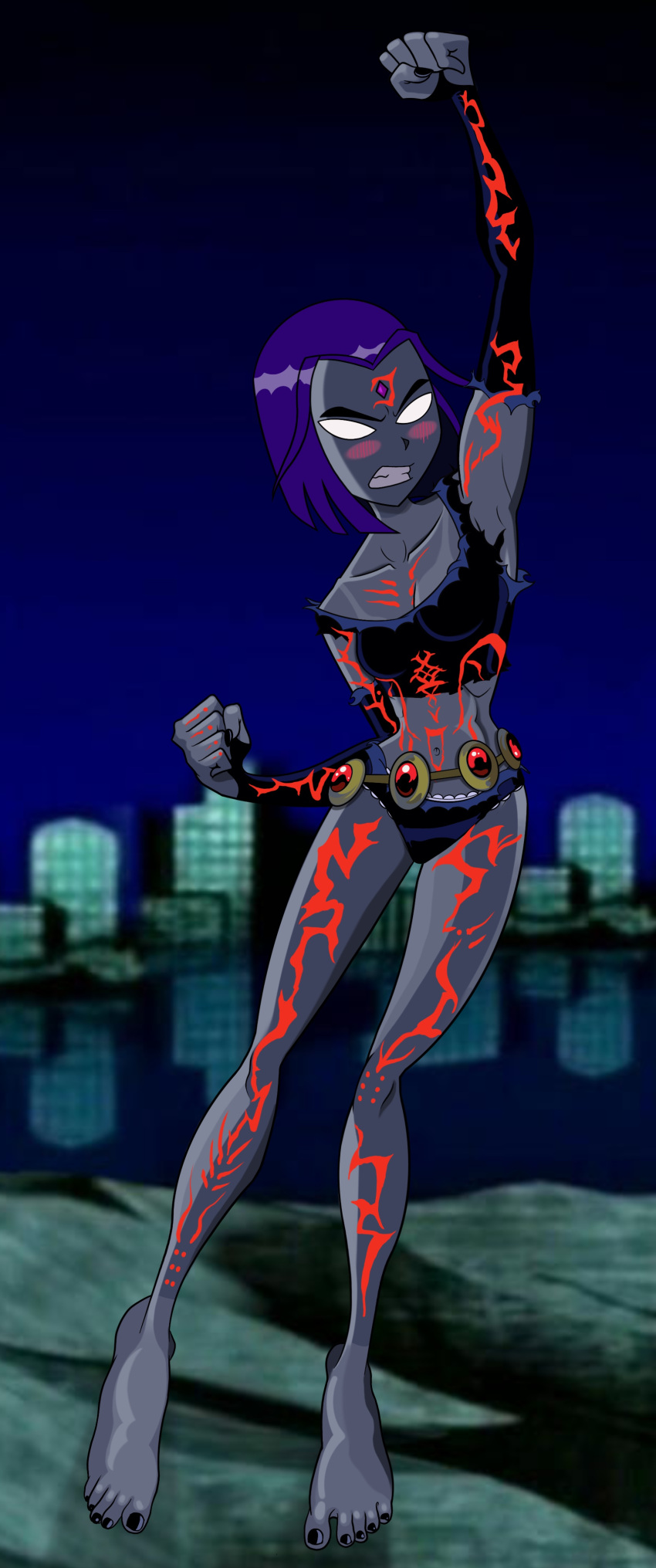 1girls angry_face artist_request birthmark dc dc_comics feet female female_only huge_feet mad purple_hair raven_(dc) ripped_bodysuit ripped_clothing ripped_pants solo tattoos teen_titans teen_titans_(television_series) teenager