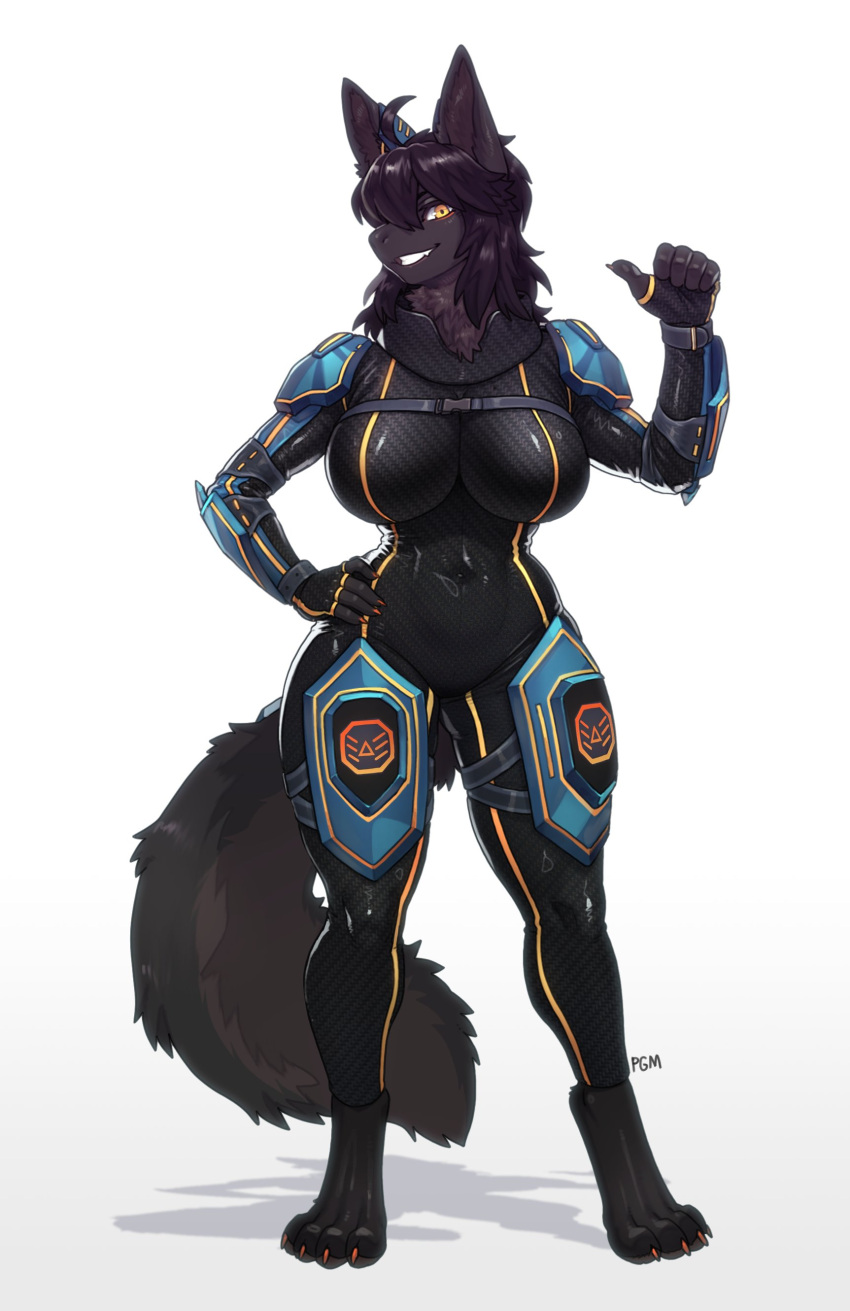 2024 ahoge anthro armor barefoot big_breasts black_body black_fur black_hair bodysuit breasts canid canine canis chest_tuft clothing commission digitigrade eyebrows feet female fur gesture hair hand_gesture hand_on_hip hi_res inner_ear_fluff looking_at_viewer mammal navel navel_outline pgm300 schewiener shoulder_guards skinsuit smile solo thumbs_up tight_clothing tuft wolf yellow_eyes