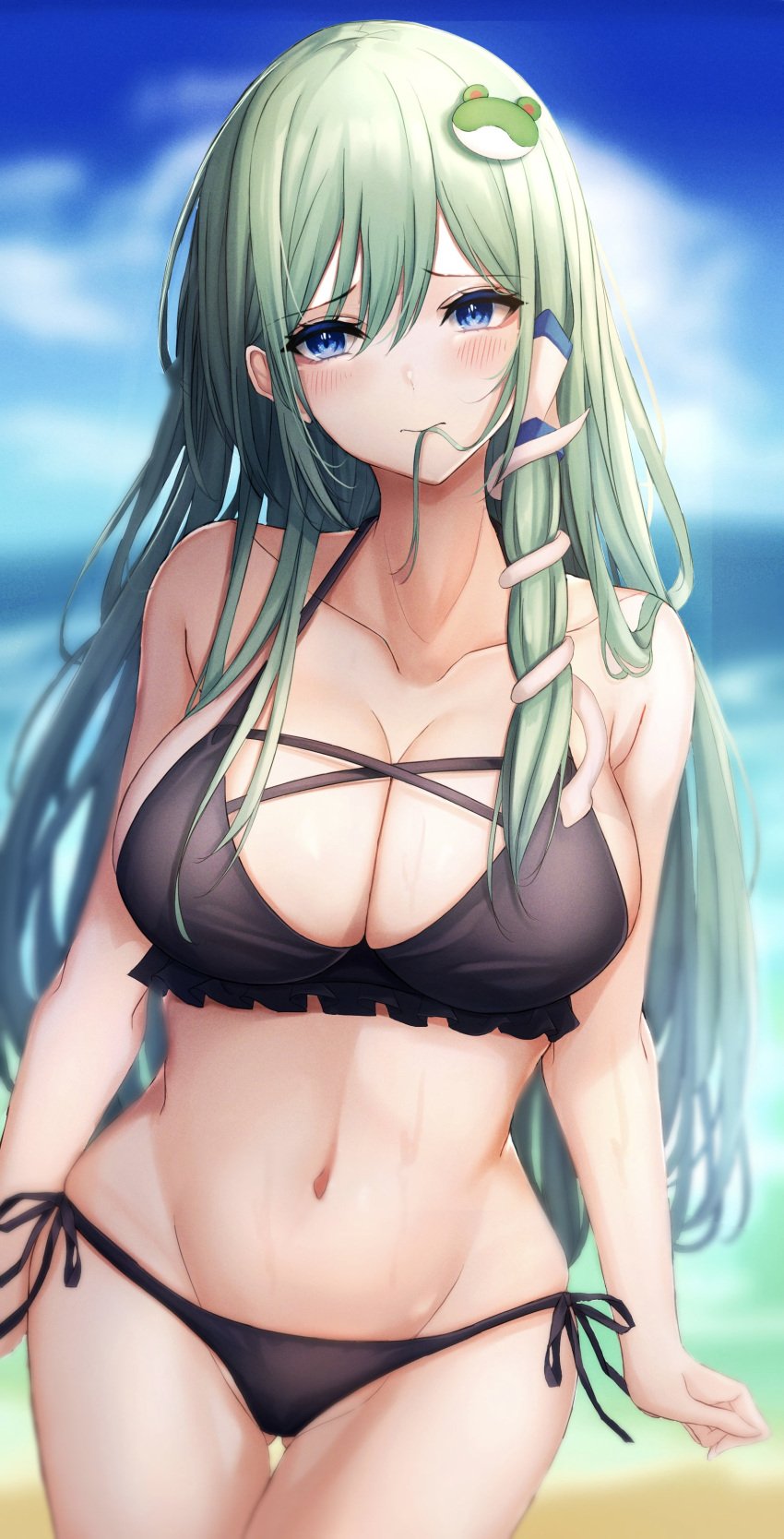 7saki absurdres bad_id bad_pixiv_id beach bikini black_bikini blue_eyes blue_sky blurry blurry_background blush breasts cleavage closed_mouth cloud collarbone day female frog_hair_ornament gluteal_fold green_hair hair_between_eyes hair_in_own_mouth hair_ornament hair_tubes halterneck highres kochiya_sanae large_breasts long_hair looking_to_the_side midriff navel ocean outdoors sanae_kochiya sand side-tie_bikini_bottom simple_background single_sidelock sky snake_hair_ornament solo string_bikini swimsuit touhou wet white_background