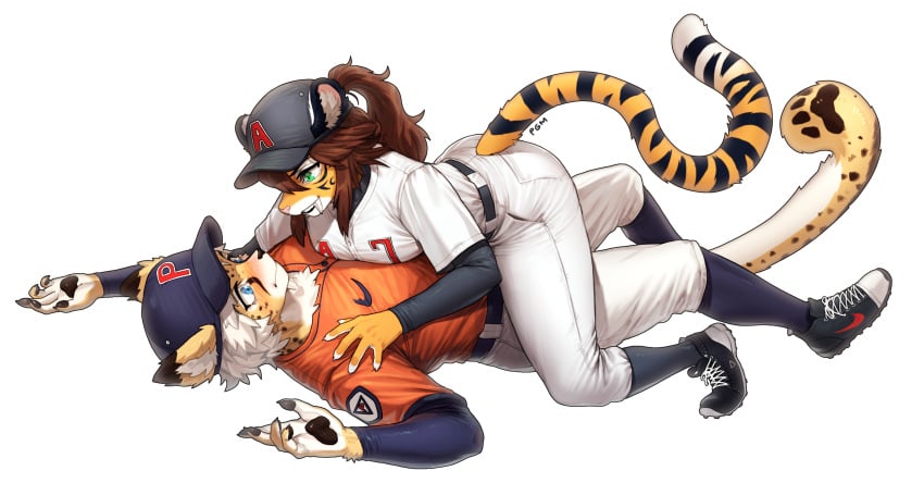 2022 2girls alex_marx anthro ashton_(spacecamper) baseball_uniform belt cheetah clothing countershading digital_media_(artwork) dominant dominant_female duo felid feline felis female female_on_top female_only footwear hat headgear headwear male male/female mammal on_top pantherine pgm300 plantigrade schewiener shoes signature simple_background socks sportswear tail tiger uniform very_high_resolution white_background yuri