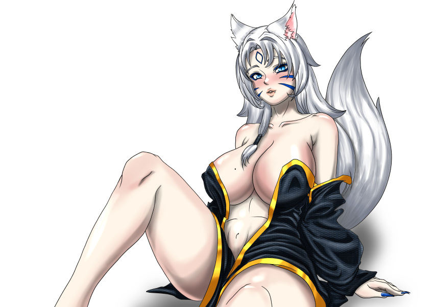 1girls animal_ears animal_tail big_breasts blue_eyes blue_nails blush cleavage female female_focus female_only front_view highres hikari_ookami huge_breasts latam_virtual_youtuber light-skinned_female light_skin long_hair looking_at_viewer mole mole_on_breast saino simple_background virtual_youtuber white_hair wolf_girl