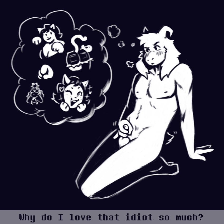 anthro asriel_dreemurr ass blush blush_lines boss_monster_(undertale) breasts catty_(undertale) cleavage clothed clothing deltarune dracozhilla duo felid female genitals girly hi_res humanoid humiliation male male/female mammal masturbation penile_masturbation penis penis_humiliation pinching_gesture sigh small_penis small_penis_humiliation tail tail_motion tailwag thinking thinking_about_another thought_bubble undertale undertale_(series)