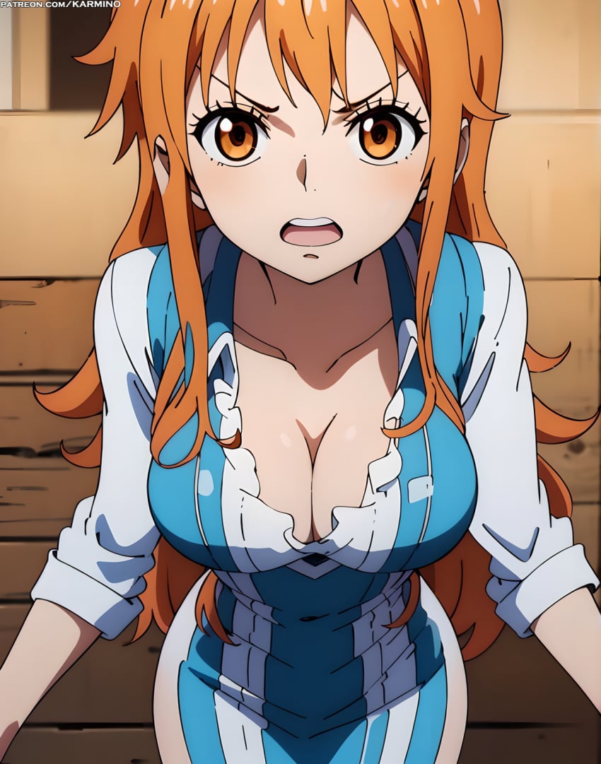 ai_generated bangs blue_dress blush breasts brown_eyes clavicle cleavage clothing dress female female_only indoors karmino large_breasts long_hair looking_at_viewer nami nami_(one_piece) one_piece open_mouth orange_eyes orange_hair shirt solo teeth