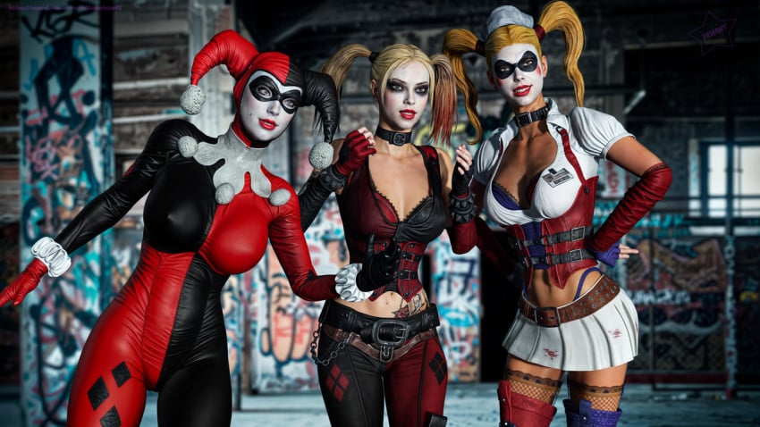 3d 3d_(artwork) 3girls batman:_arkham_asylum batman:_arkham_city batman:_arkham_knight batman_(series) big_boobs big_breasts big_tits bodysuit curvaceous curvy curvy_figure dc dc_comics deviantstar12 female female_only fully_clothed harley_quinn harley_quinn_(arkham) harley_quinn_(arkham_asylum) harley_quinn_(arkham_city) harley_quinn_(arkham_knight) harley_quinn_(classic) hourglass_figure huge_breasts large_breasts legs light-skinned_female light_skin multiple_girls slim_waist