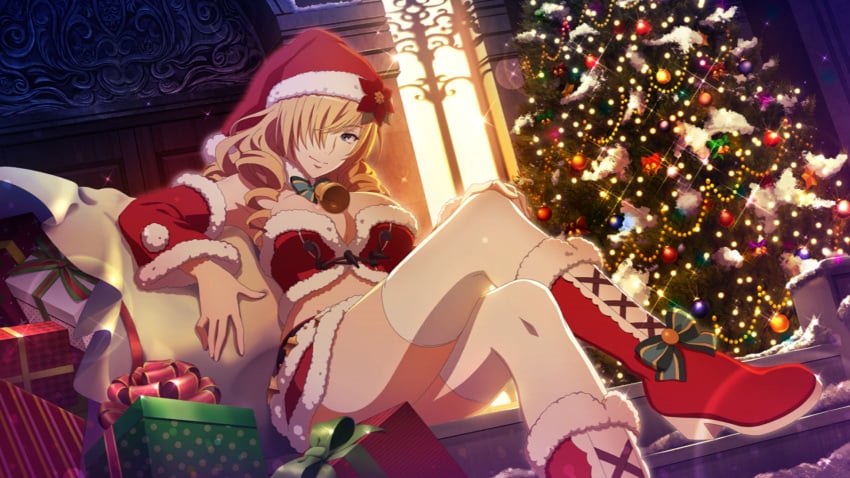 big_breasts blonde_hair boots long_hair official_art oriana_thompson sa santa_costume santa_hat thighs to_aru_majutsu_no_index white_socks zettai_ryouiki