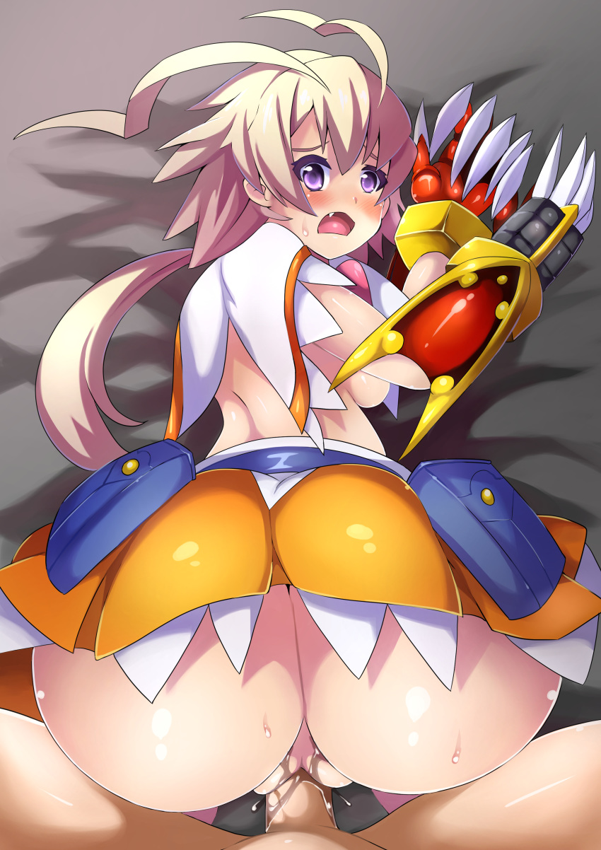 amanohara_minori antenna_hair arcana_heart arcana_heart_3 ass blonde_hair blush cute_fang defeated doggy_style female gauntlets huge_ass male male_pov miniskirt penis pov pov_ass purple_eyes sex straight sweat top-down_bottom-up underboob