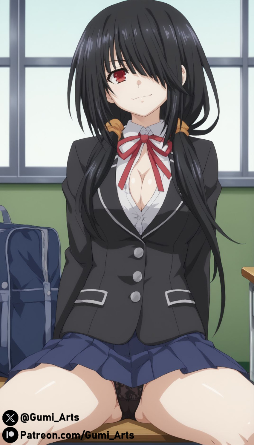 ai_generated black_hair cleavage date_a_live gumi_arts hair_over_one_eye indoors low_twintails panties raizen_high_school_uniform red_eyes school_uniform skirt smug spread_legs stable_diffusion thighs tokisaki_kurumi