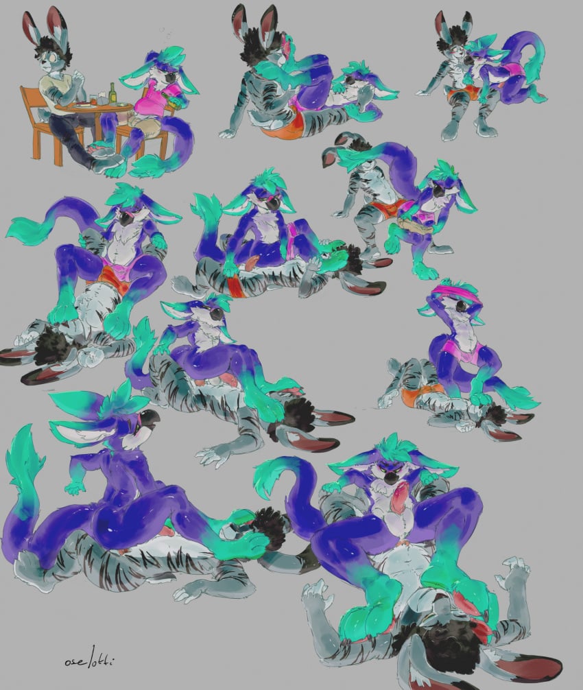 anal anal_sex anthro anthro_on_anthro anthro_penetrated anthro_penetrating anthro_penetrating_anthro avian balls black_hair blue_body blue_fur blue_hair bottle bottomwear clothed clothing container dipstick_ears duo feet food foot_on_face fur genitals gloves_(marking) grey_background grey_body grey_bottomwear grey_clothing grey_fur grey_pants hair hi_res lagomorph leg_markings leporid male male/male male_penetrated male_penetrating male_penetrating_male mammal markings multicolored_ears narrowed_eyes nude oselotti pants penetration penile penile_penetration penis penis_in_ass pink_clothing pink_topwear pink_underwear rabbit red_clothing red_penis red_underwear sequence sex shirt shorts signature simple_background sitting sketch_page socks_(marking) striped_arms striped_legs striped_markings striped_tail stripes t-shirt tail tail_markings tan_bottomwear tan_clothing tan_shirt tan_shorts tan_t-shirt tan_topwear topless topwear underwear white_balls white_body white_fur