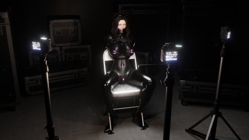 3d arms_behind_back black_bodysuit black_hair black_headwear black_horns blender blender_(software) blender_eevee bodysuit bondage bullet camera captured captured_heroine cat_eyes chair chair_bondage chair_tied choker cross_earrings cross_necklace earrings eyeliner gag gagged gun hair_bun harness headband helpless high_heels horns huge_breasts lady_x_(osimai) lip_piercing lip_ring long_boots long_gloves mole mole_above_mouth mole_under_eye necklace nose_piercing nose_ring original_character osimai pistol recording recording_video restrained sex_toy silver_choker skin_tight tape_gag vampire_teeth vibrating_egg vibrator vibrator_in_navel vibrator_on_clitoris vibrator_on_nipple wavy_hair weapon wrists_tied yellow_eyes