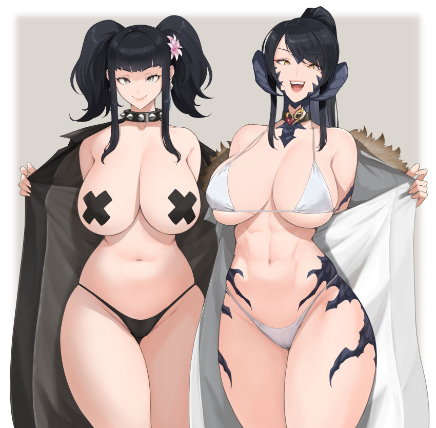 2girls abs anagumasan au_ra bikini black_hair breasts female female_only final_fantasy final_fantasy_xiv high_resolution horns huge_breasts light-skinned_female light_skin long_hair multiple_girls naughty_face pasties ponytail sapphira_nyx scales smile tail twintails