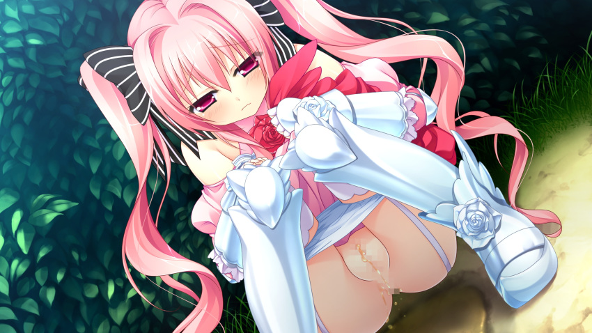 blush censored chuablesoft embarrassed female game_cg garter_straps highres kunai_uri legs long_hair looking_down mosaic_censoring noblesse_of_rouge panties panty_pull pink_eyes pink_hair pussy solo squatting susakuooji_hotoha thighhighs thighs tied_hair twintails underwear white_panties