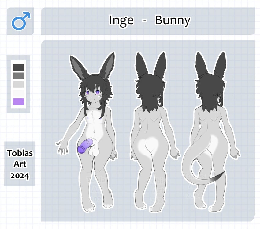 1boy absurd_res animal_genitalia animal_humanoid animal_penis anthro ass balls belly black_hair butt_heart equine_genitalia equine_penis femboy genitals grey_body hair hi_res humanoid inge_(true_fossil_soul) lagomorph lagomorph_humanoid leporid long_hair long_tail male mammal mammal_humanoid model_sheet narehate navel nipples penis pointed_tail purple_eyes rabbit rear_view saggy_balls slim solo tail true_fossil_soul white_belly white_body