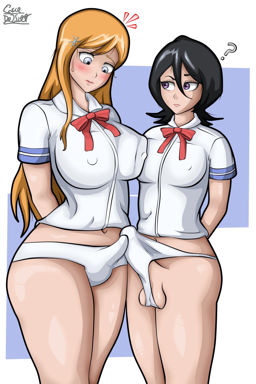 2futas 2girls big_breasts big_penis black_hair bleach blush futa_only futanari inoue_orihime kuchiki_rukia orange_hair purple_eyes rubbing rubbing_penis school_uniform schoolgirl white_eyes white_panties white_skin