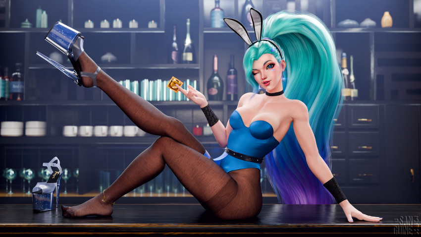 3d alternate_costume anklet bar belt blue_eyes blue_nails bunny_ears bunnysuit choker condom crossed_legs cyan_hair drinks earrings high_heels holding_condom k/da_all_out_seraphine k/da_all_out_series league_of_legends lipstick long_hair looking_at_viewer makeup one_eye_closed pantyhose platform_heels playboy_bunny ponytail push-up riot_games sanguine3dx seraphine_(league_of_legends) skinny slim_waist smile smiling smiling_at_viewer spade_anklet teenager thick_thighs thigh_squish very_high_heels white_skin wink winking_at_viewer