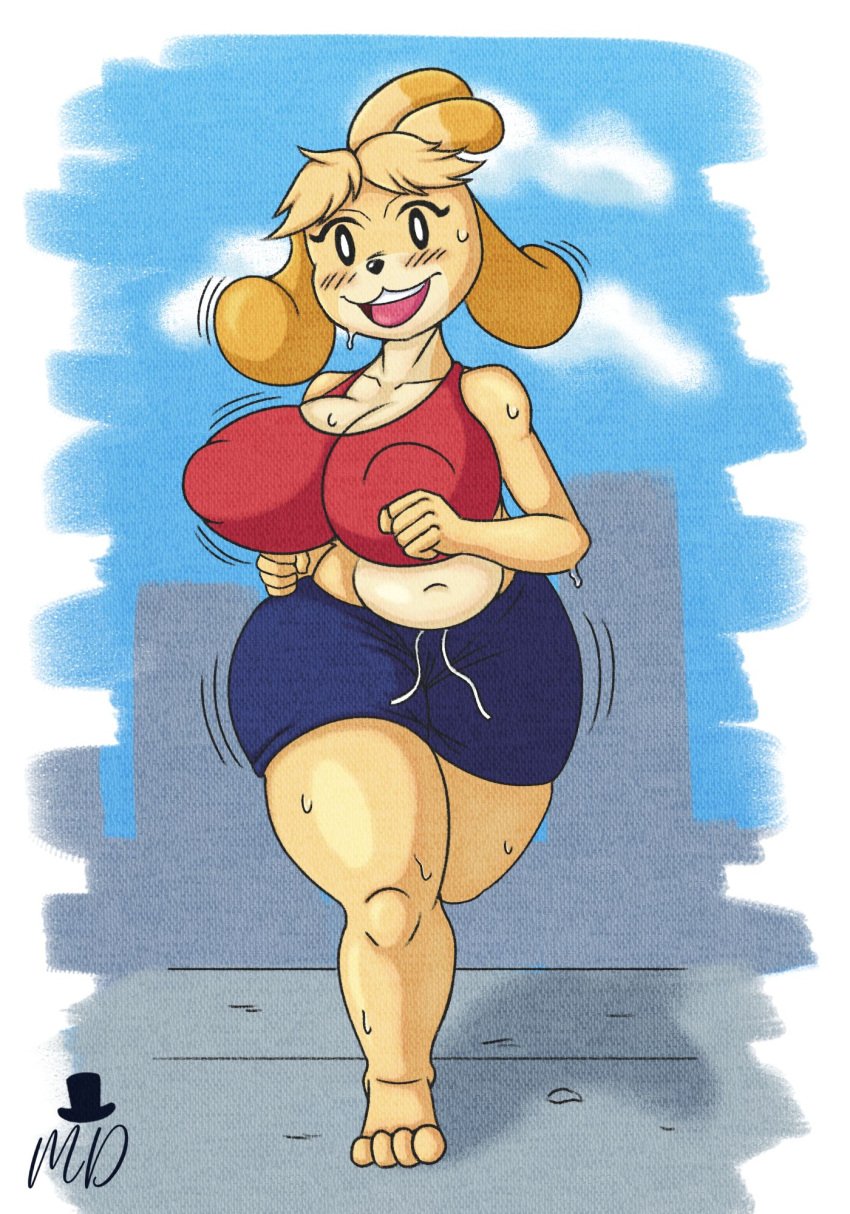 1girls animal_crossing anthro belly blonde_hair breasts canine canine canine_humanoid chubby chubby_female cleavage fat female female_focus female_only furry hips isabelle_(animal_crossing) jog jogging jogging_outfit large_breasts mrdraven nickelodeon nipple_bulge running shorts sports_bra stomach sweat sweatdrop sweating thick_thighs thighs wide_hips yellow_fur