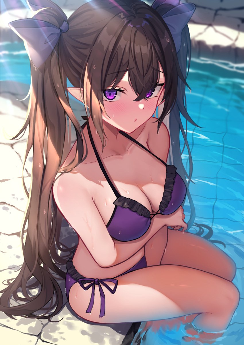 alternate_costume arm_between_legs arm_under_breasts bikini blush breasts brown_hair cleavage collarbone commentary female hatate_himekaidou highres himekaidou_hatate light_rays long_hair looking_at_viewer medium_breasts pointy_ears pool poolside purple_bikini purple_eyes refraction side-tie_bikini_bottom sitting soaking_feet solo string_bikini swimsuit touhou twintails very_long_hair water_drop wowoguni