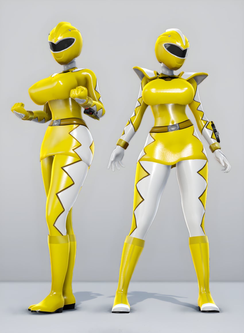 3d abare_yellow big_breasts dezaab large_breasts power_rangers super_sentai superheroine thick_thighs yellow_ranger yellow_spandex