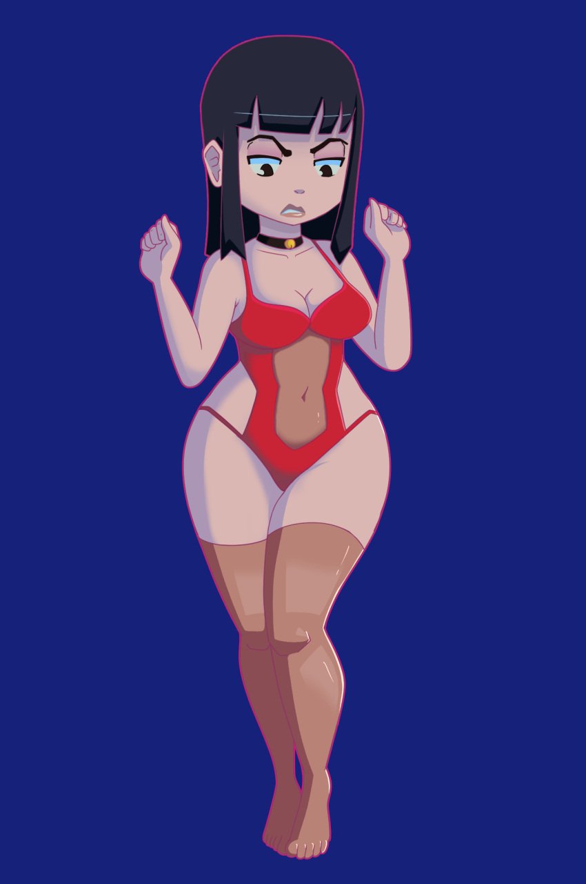 annoyed annoyed_expression black_hair child_bearing_hips choker dark_eyes impstripe lingerie navel thick_thighs thighhighs vella_wilde w_arms wide_hips yiik:_a_postmodern_rpg