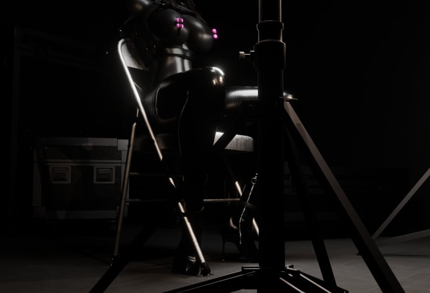 3d arms_behind_back black_bodysuit black_hair black_headwear black_horns blender blender_(software) blender_eevee bodysuit bondage bullet camera captured captured_heroine cat_eyes chair chair_bondage chair_tied choker cross_earrings cross_necklace earrings eyeliner gag gagged gun hair_bun harness headband helpless high_heels horns huge_breasts lady_x_(osimai) lip_piercing lip_ring long_boots long_gloves mole mole_above_mouth mole_under_eye necklace nose_piercing nose_ring original_character osimai pistol recording recording_video restrained sex_toy silver_choker skin_tight tape_gag vampire_teeth vibrating_egg vibrator vibrator_in_navel vibrator_on_clitoris vibrator_on_nipple wavy_hair weapon wrists_tied yellow_eyes