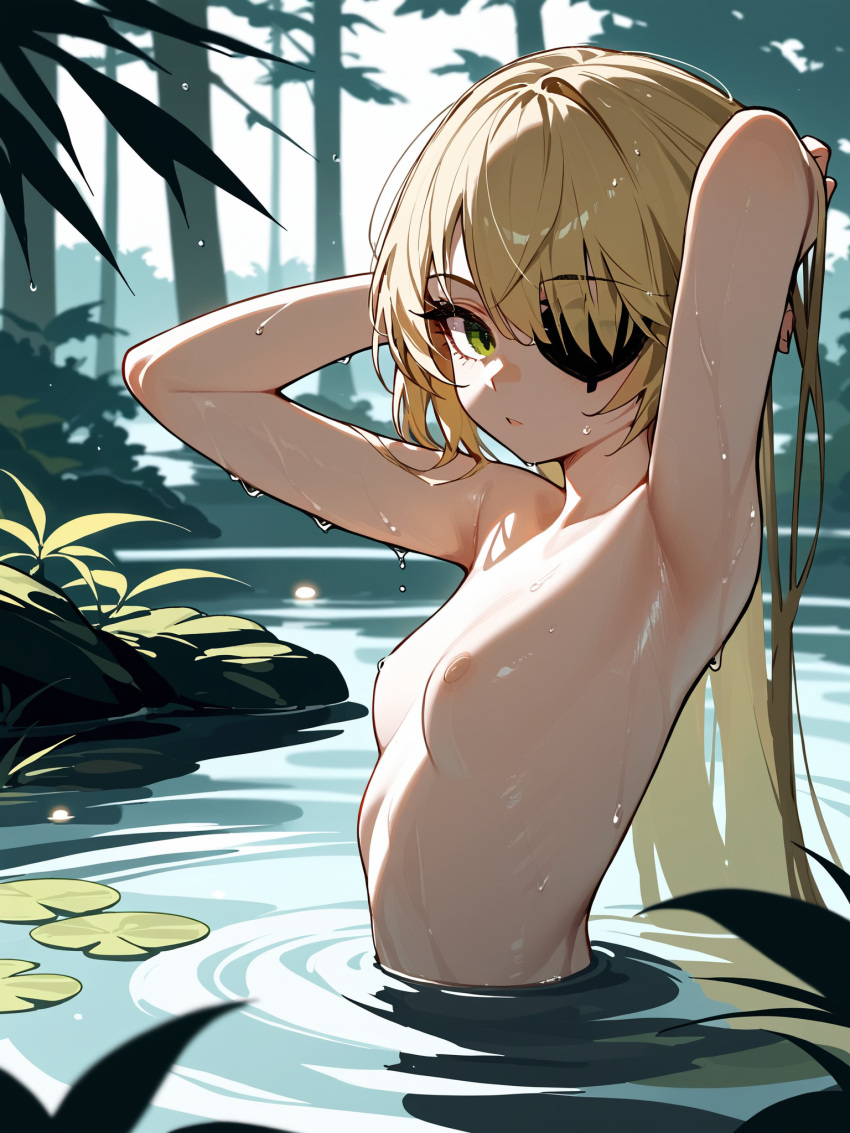 1girls ai_generated armpits arms_up bath bathing blonde_hair blush breasts eyepatch female fischl_(genshin_impact) forest full-face_blush genshin_impact green_eyes hoyoverse lake long_hair mihoyo navel nipples nude skinny_dipping small_breasts snowy_yukino solo sweat wet wet_body