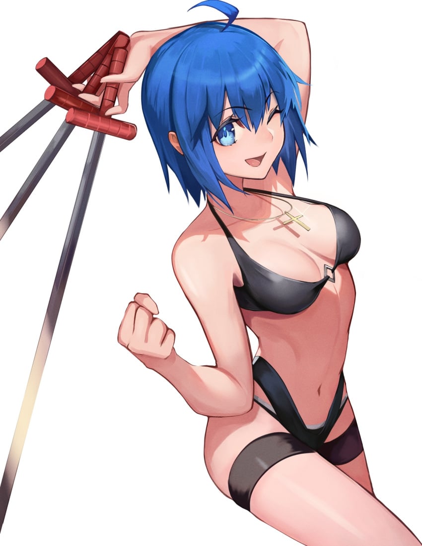 ahoge bare_shoulders bikini black_bikini black_keys_(type-moon) blue_eyes blue_hair breasts c.i.e.l_(fate) ciel_(tsukihime) cross cross_necklace female genshu_doki highres jewelry large_breasts looking_at_viewer navel necklace one_eye_closed open_mouth revision short_hair smile swimsuit sword thigh_strap thighs tsukihime weapon