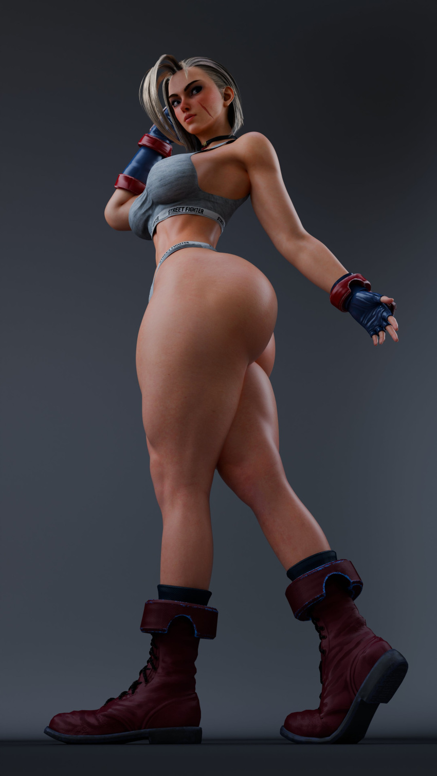 1girls 3d 3d_(artwork) armwear ass ass_view back_view big_ass big_hips big_thighs bubble_butt cammy_white cpt-flapjack dat_ass female female_only hand_on_hip hand_on_own_hip high_resolution jacket large_ass lieutenant_flapjack looking_at_viewer looking_back neckwear no_pants panties pantsless rear_view short_hair simple_background solo solo_female sports_bra sports_panties standing street_fighter street_fighter_6 thick_thighs thighs very_high_resolution