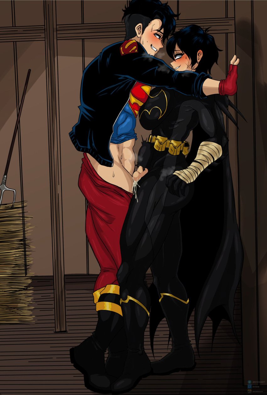 1boy 1girls against_wall alien/human alien_boy alien_look_like_human asian_female bandaged_hands barn batgirl batgirl_(cassandra_cain) batman_(series) belt big_breasts black_bat blushing_at_partner breast_press cape cassandra_cain clothed_sex commission conner_kent creampie cum cum_inside dc dc_comics dominant_male farm female haybale hero heroine kon-el kryptonian large_breasts looking_at_another male male/female pants_down pinned_to_wall pitchfork ryosuart straight superboy superman_(series) unmasked