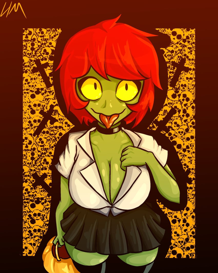 green_skin halloween limovzkii red_hair teasing yellow_eyes zombie zombie_girl