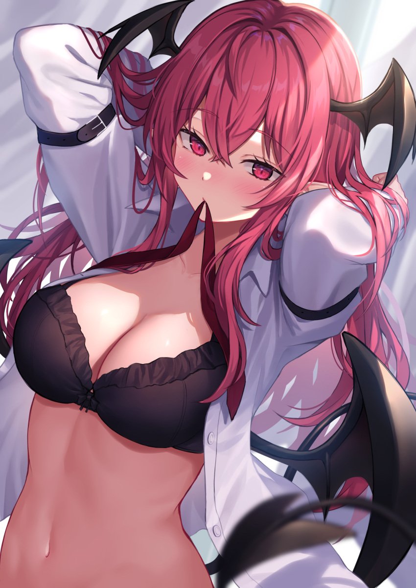 arms_up black_bra blush bra breasts commentary_request demon_tail demon_wings female hair_between_eyes head_wings highres koakuma large_breasts navel open_clothes open_shirt pointy_ears red_eyes red_hair shirt solo stomach succubus tail touhou underwear upper_body white_shirt wings wowoguni