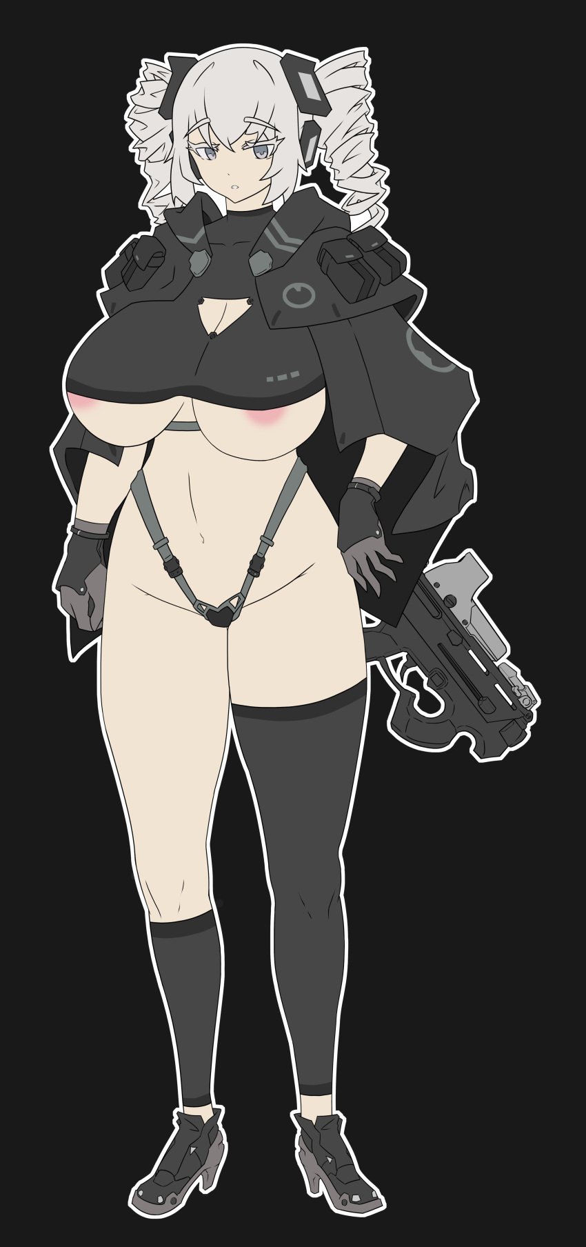 assault_rifle drill_hair female female_only gloves gun high_heels looking_at_viewer military nipples silver_eyes silver_hair tagme targer underboob