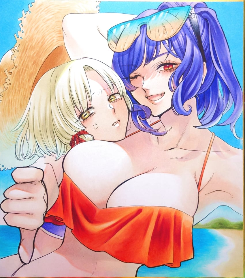 2girls ;d absurdres alternate_costume alternate_hairstyle anger_vein angry arm_behind_head arm_up armpits bags_under_eyes bare_shoulders beach bikini blue-tinted_eyewear blue_bikini blue_hair blue_sky bow breast_pillow breast_rest breasts breasts_on_head brown_headwear clear_sky cleavage commentary_request cute_fang dutch_angle eyes_visible_through_hair eyewear_on_head fang_out female foreshortening frilled_bikini frills frog_girl furrowed_brow glasses hair_ribbon hair_up hairbow halterneck hand_on_own_head hat head_on_chest high_ponytail highres horizontal_pupils kanako_yasaka large_breasts line_art looking_at_viewer marker marker_(medium) mature_female medium_hair milf moriya_suwako multiple_girls narrow_waist navel oerba_yun_fang one_eye_closed open_mouth orange-tinted_eyewear outdoors outstretched_arm parted_bangs parted_lips photo_(medium) ponytail red_bikini red_bow red_eyes red_ribbon ribbon sand shikishi short_hair sideboob sidelocks simple_background sketch skin_fang sky slit_pupils smile straw_hat string_bikini sunglasses suwako_moriya swimsuit thumbs_down tinted_eyewear tongue touhou traditional_media tress_ribbon upper_body v-shaped_eyebrows veins water wavy_mouth white_hair whoru wife_and_wife yasaka_kanako yellow_eyes yuri