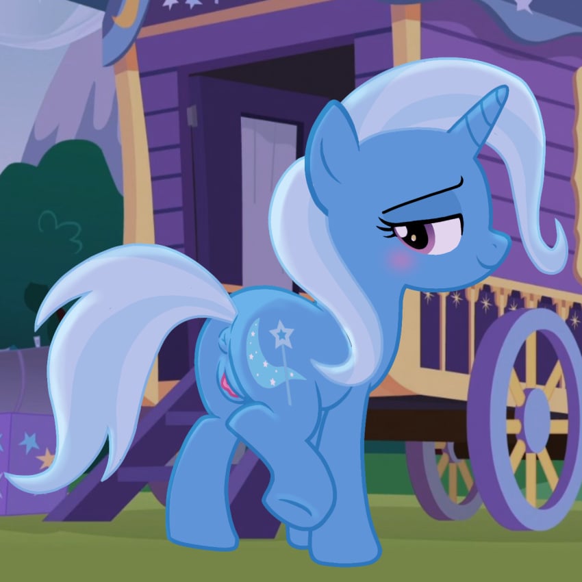 accurate_art_style anus blue_hair blue_skin blush female female_only friendship_is_magic hasbro horse looking_at_viewer looking_back my_little_pony pony public purple_eyes spread_pussy spreading teasing teasing_pussy trixie trixie_(mlp) trixie_lulamoon vagina