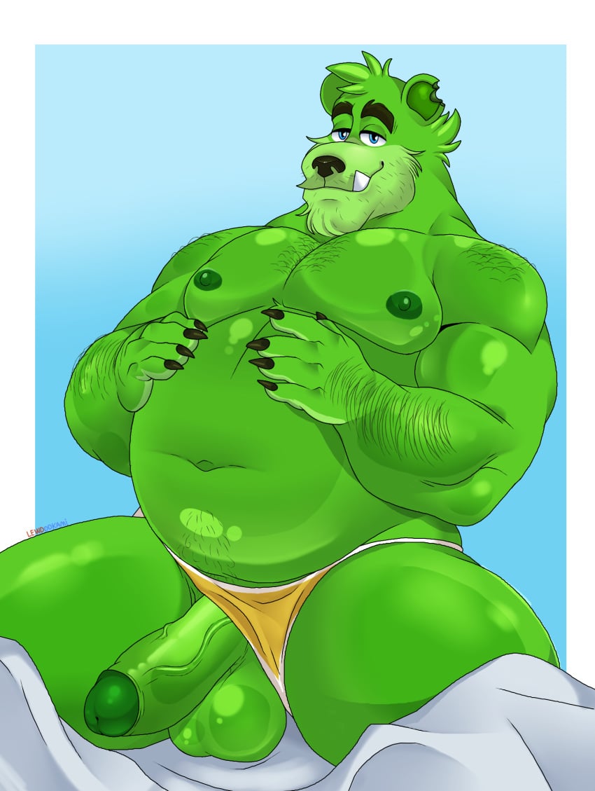 anthro anthro_male anthro_only balls bear belly body_hair chest_hair clothing color colored food food_creature genitals green_body green_skin gummibar gummy_bear gummybear_and_friends half-erect hi_res lewdookami male mammal nipples penis slightly_chubby solo solo_anthro solo_male twitter_link underwear