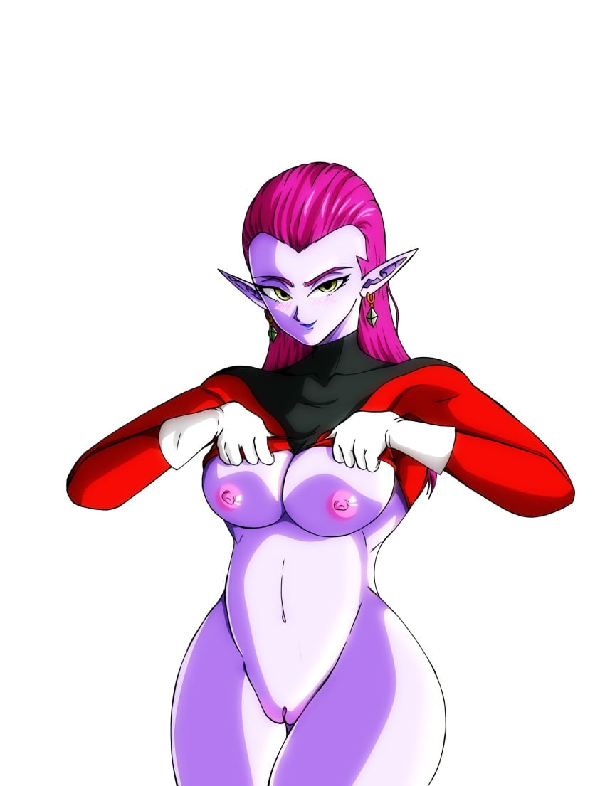 1girls alien alien_girl alien_humanoid areola areolae big_breasts blue_lips blue_lipstick blush bottomless breasts cocotte curvaceous curvy curvy_figure dragon_ball dragon_ball_super earrings elf_ears female female_focus female_only flashing gloves green_eyes jewelry long_hair looking_at_viewer makeup midriff navel nipples pink_nipples pointy_ears purple_hair purple_skin shiny_hair shiny_skin smile smiling smiling_at_viewer solo solo_female solo_focus stripping thick_thighs topwear voluptuous wide_hips yahirart yellow_eyes