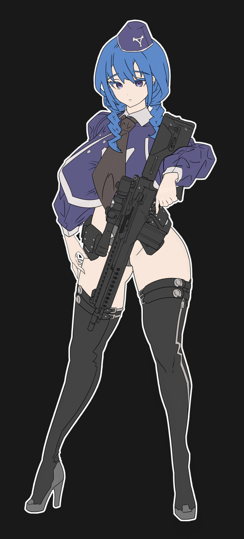 1girls assault_rifle big_breasts blue_eyes blue_hair garrison_cap gun necktie tagme targer