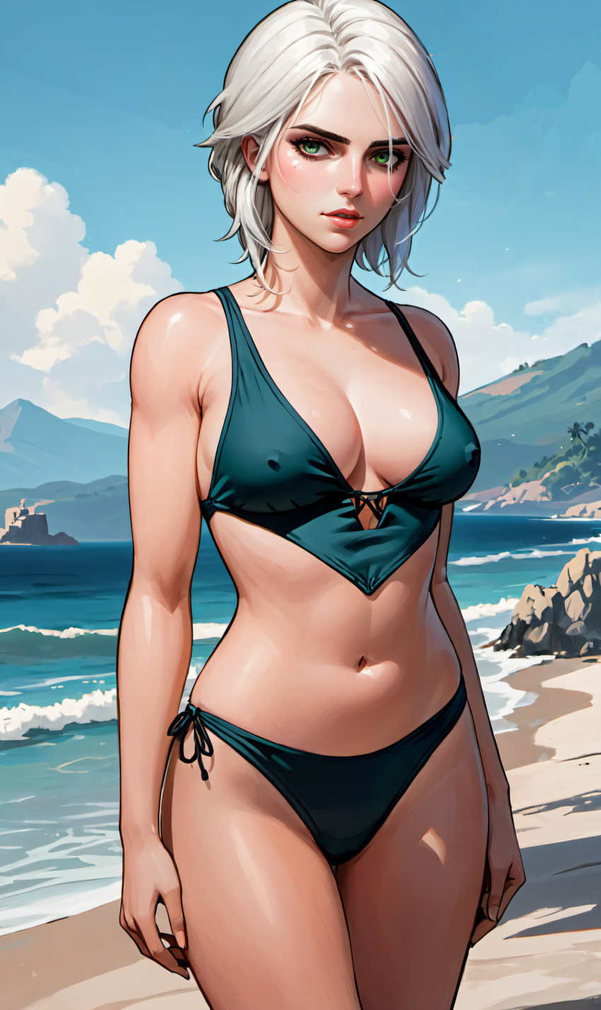 ai_generated beach breasts cathrynedelamort ciri female green_eyes light-skinned_female outdoors solo swimsuit the_witcher_(series) the_witcher_3:_wild_hunt white_hair