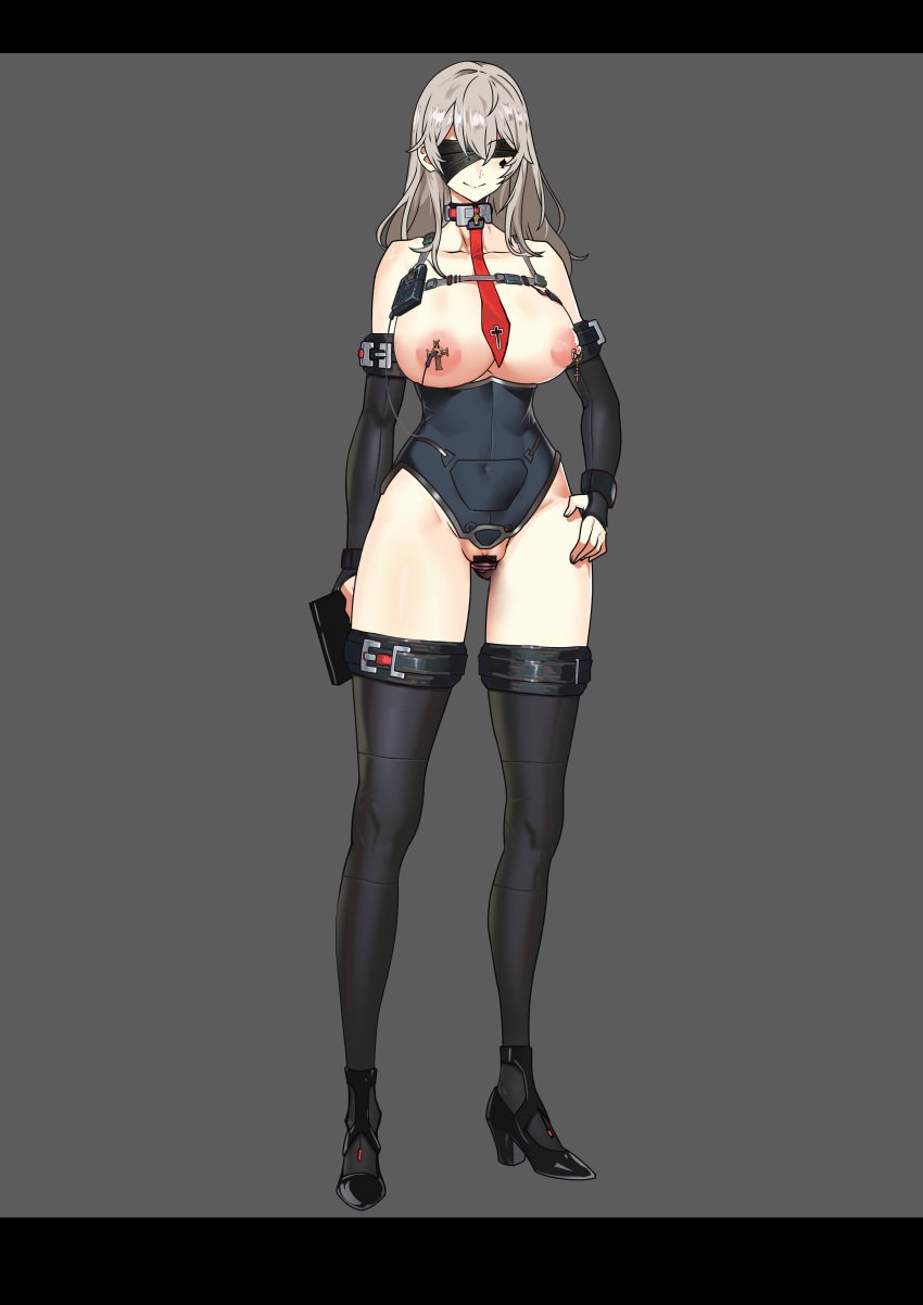 collar facial_tattoo female female_only high_heels necktie_between_breasts nipple_piercing object_insertion revealing_clothes smile spade_tattoo stockings tagme targer tech_control visor