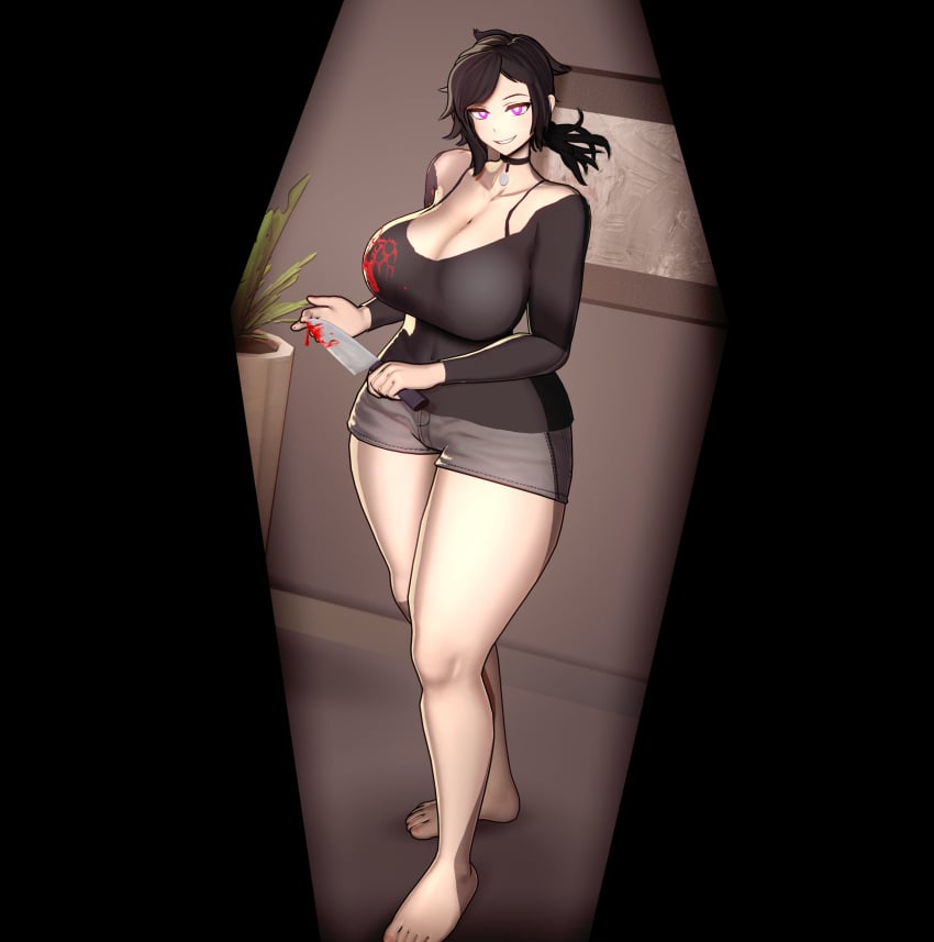 1girls 3d 3d_(artwork) ashley_graves barefoot big_breasts black_hair blood blood_on_breasts breasts breasts_bigger_than_head busty choker cleavage clothed curvy cute_birdd female female_only hips hips_wider_than_shoulders huge_breasts knife koikatsu large_breasts looking_at_viewer pink_eyes ponytail short_hair smile smug solo standing tagme the_coffin_of_andy_and_leyley thick_thighs thighs wide_hips