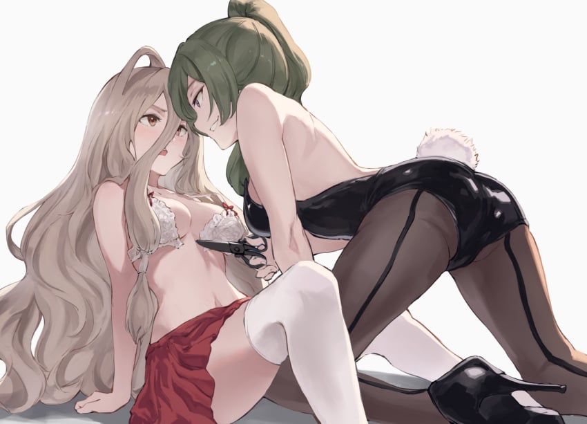 2girls all_fours alternate_costume ass backless_leotard black_footwear black_high_heels black_leotard black_pantyhose bra breasts brown_eyes brown_hair cutting_clothes eye_contact fake_tail green_hair grey_background grin high_heels highleg highleg_leotard highres holding holding_scissors jojobirdz leotard long_hair long_hair_between_eyes looking_at_another medium_breasts multiple_girls pantyhose playboy_bunny purple_eyes rabbit_tail red_skirt scissors seamed_legwear sense_(sousou_no_frieren) side-seamed_legwear skirt smile sousou_no_frieren strapless strapless_leotard tail thighhighs ubel_(sousou_no_frieren) underwear very_long_hair white_background white_bra white_thighhighs yuri