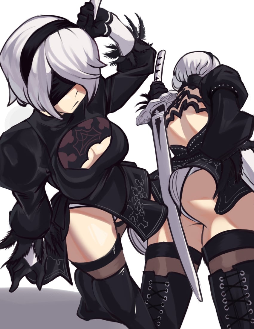 1girls arm_up ass back backless_outfit bare_back big_breasts black_clothing blindfold boob_window breasts cleavage female female_only gloves hairband high_resolution katana legs moxydrawsmore nier:_automata puffy_sleeves side_slit solo standing sword thigh_highs thighhighs thighs very_high_resolution weapon white_background white_hair yorha_2b