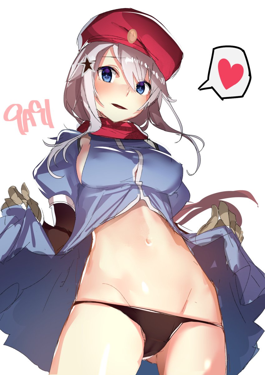 9a-91_(girls'_frontline) beret black_panties blue_dress blue_eyes breasts brown_gloves character_name clothes_lift commentary_request cowboy_shot dress dress_lift female from_below front_slit girls'_frontline gloves gluteal_fold grey_hair groin hair_between_eyes hair_ornament hat heart highres long_bangs long_hair looking_at_viewer looking_down lowleg lowleg_panties medium_breasts navel panties parted_lips puffy_short_sleeves puffy_sleeves red_hat red_scarf scarf short_sleeves sideboob sideboob_cutout simple_background solo speech_bubble spoken_heart star_(symbol) star_hair_ornament stomach string_panties swept_bangs thighs underwear white_background yamacchi